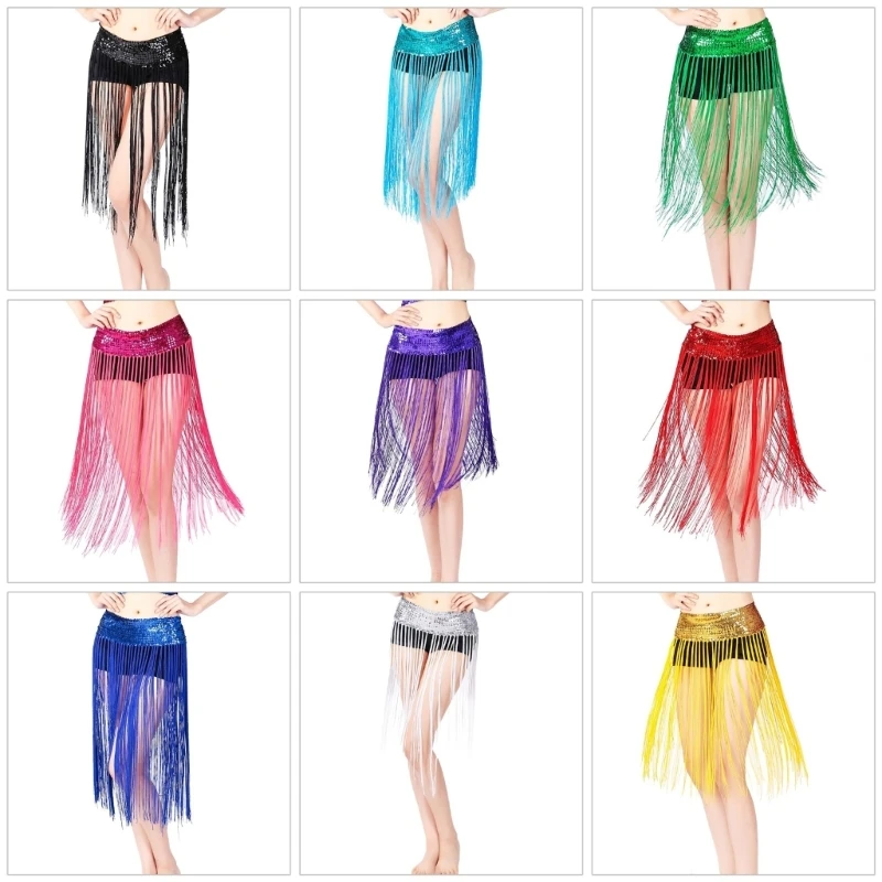 

Womens Party Belly Dance Elastic Waist Sequins Skirt with Long Tassels Hip Scarf N7YE