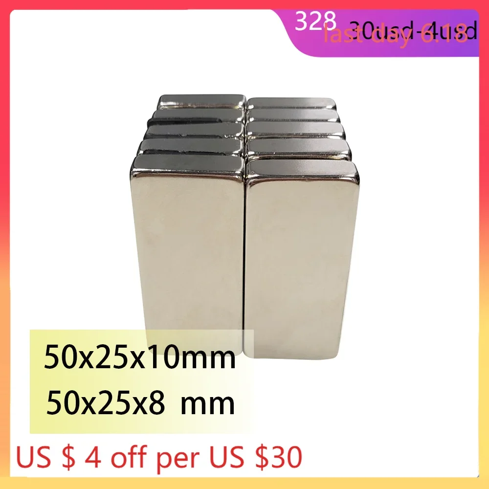 N35 50x25x8mm 50x25x10 Rectangle Square Neodymium Bar Block Strong Magnets Rare Earth Magnet Search Magnetic Bar for Toy Glass