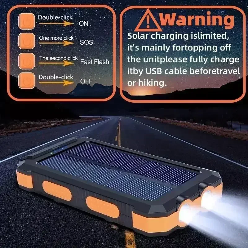 Outdoor Solar Power Bank 10000mAh Compass Flashlight Waterproof USA Shipped