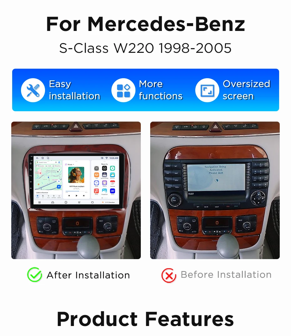 Junsun Wireless CarPlay Android Auto Autoradio für Mercedes-Benz S-Klasse W220 1998-2005 Intelligente Systeme DSP SWC RDS GPS FM – Detail 4
