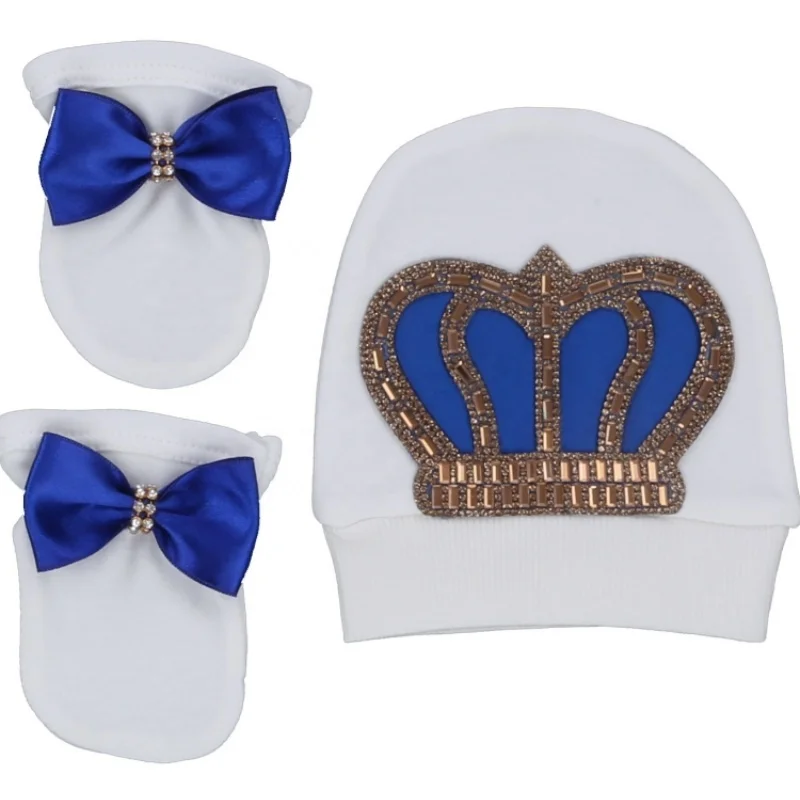 Footed Romper Newborn 0-9 Months 4 Piece Set White Blue Gold Crown Bow Prince Royal Boutique Baby Shower Gift Hat Mittens Shoes view 4