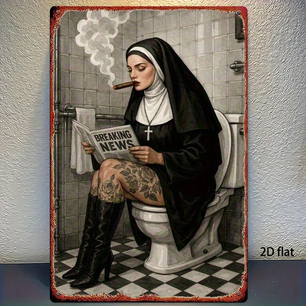 (2D-Blechmalerei) Retro lustiges Eisen-Schild mit rauchender Nonne für das Badezimmer, katholisches Humor-Geschenk, einfache Mon