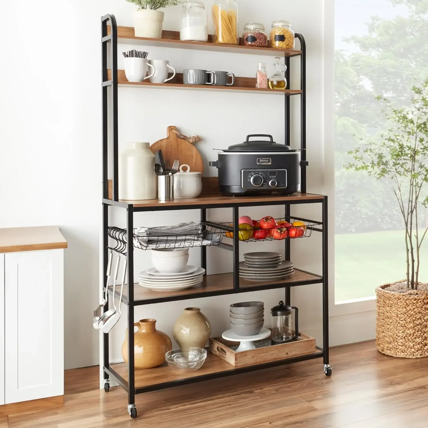 

67in Mobile Baker's Rack, Multipurpose Counter-Height Microwave Stand, Coffee Bar Storage Rack w/Locking Wheels, 2 Wire Baskets