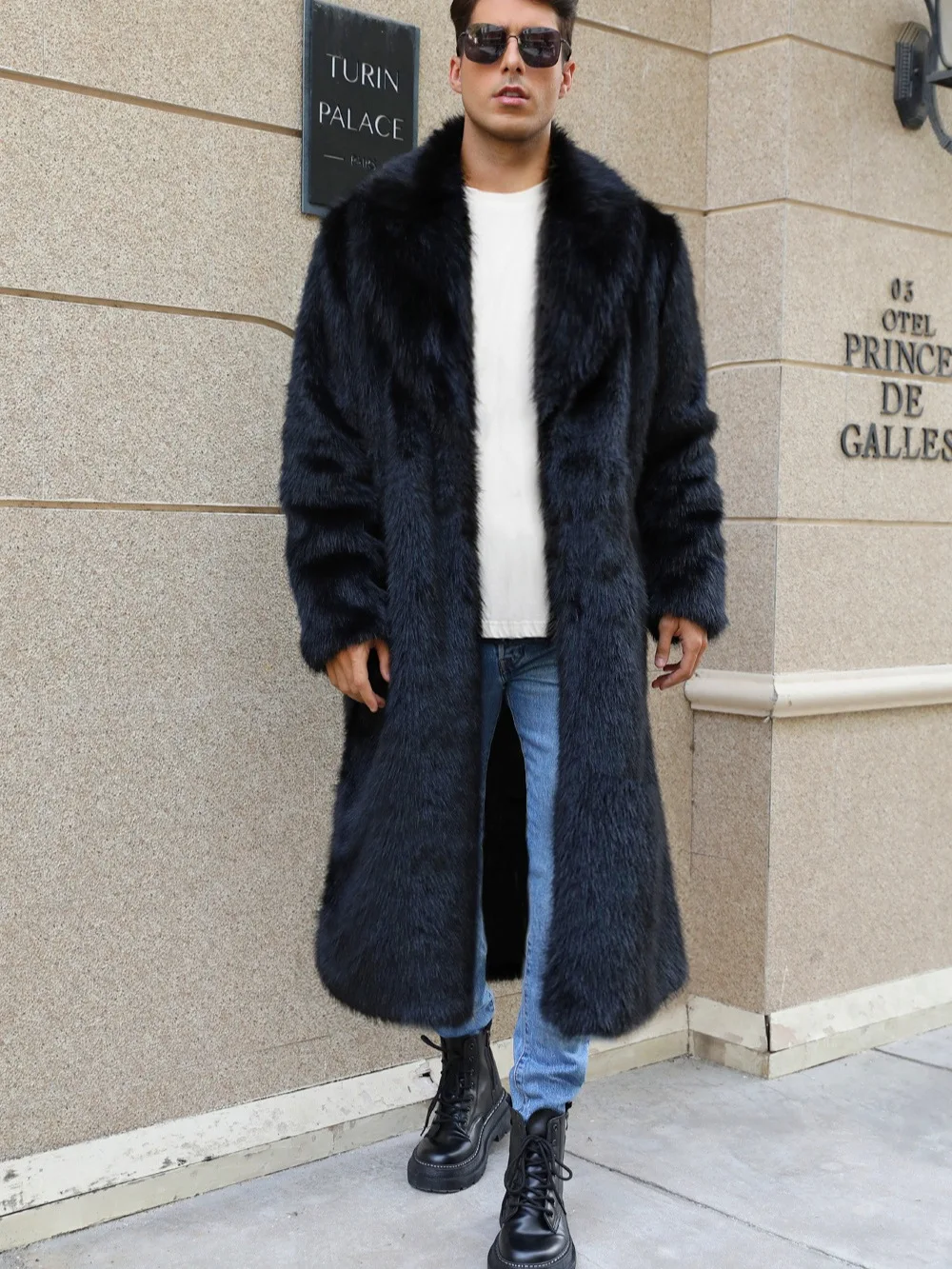 Men's Street Style Imitation Fur Lapel Coat Warm Long Autumn Winter Fashion Outerwear