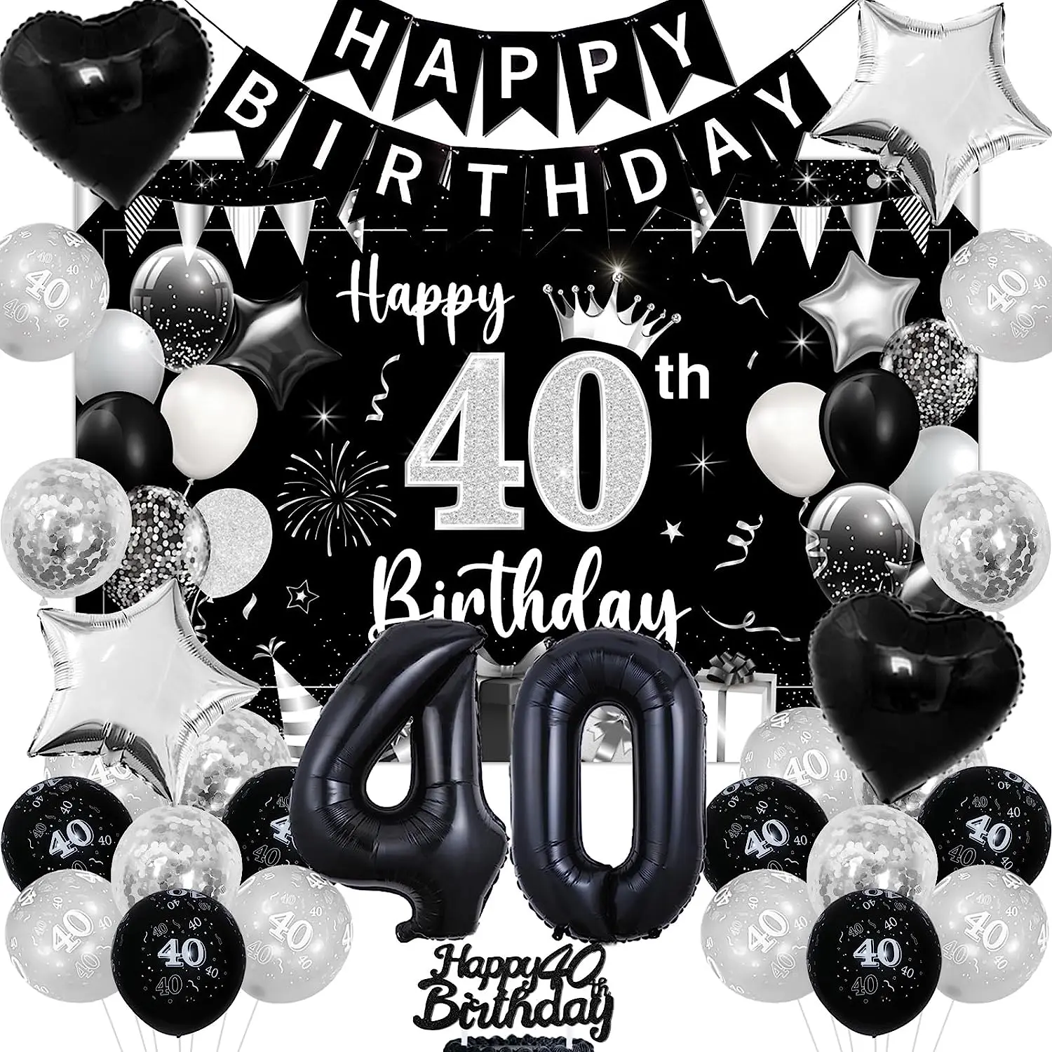 

Happy 40th Birthday Backdrop Banner Balloons, Black and Silver Decorations, 40 Year Old Birthday Supplies for Men and Women