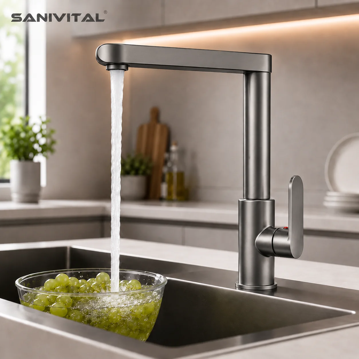 

SANIVITAL Modern Gunmetal Gray Aluminum Alloy Kitchen Faucet 360° Swivel Hot Cold Mixer Tap