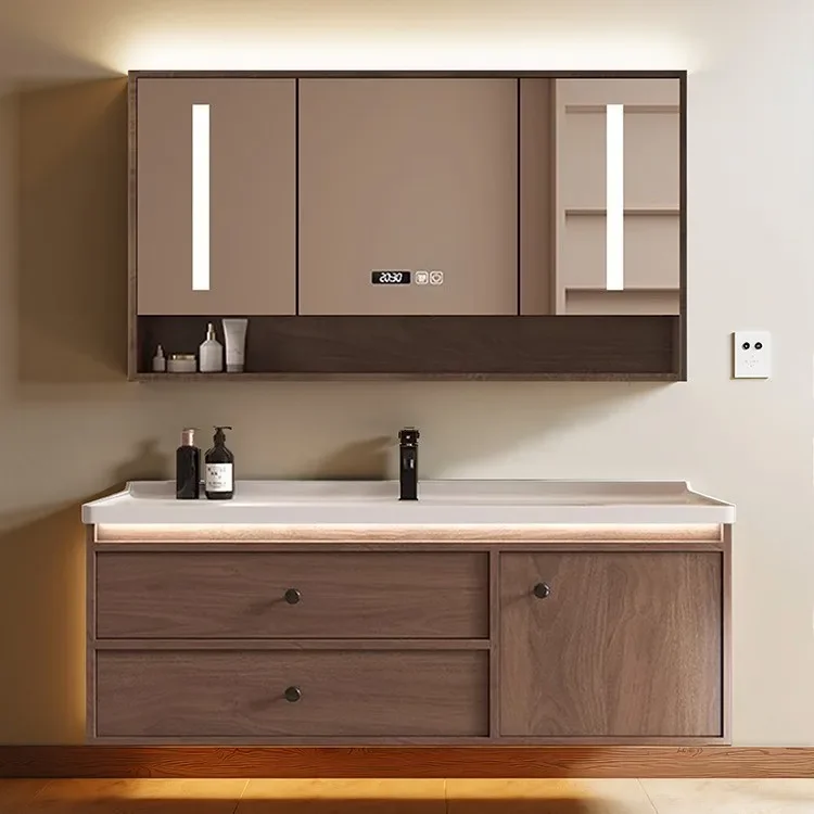 

Walnut Bathroom Cabinet With Sink Combination Toilet With Drawers And Storage Ceramic Integrated Washbasin Smart Mirror Cabinet