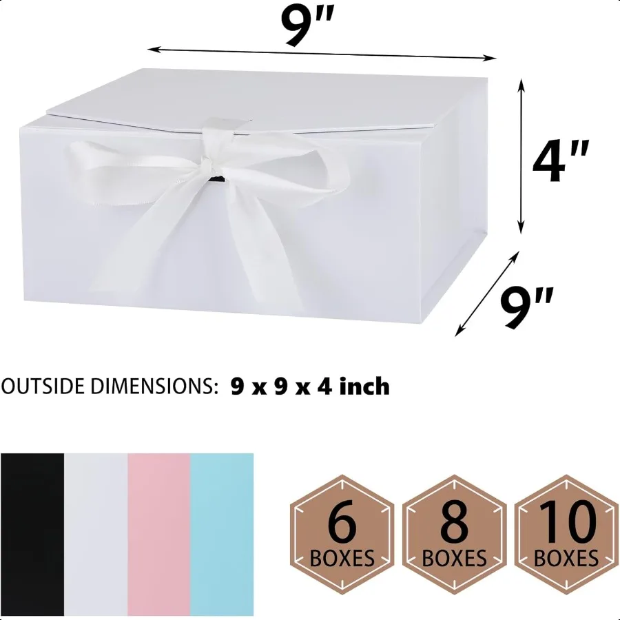 8Pack Gift Boxes9x9x4 Inch Magnetic Gift Boxes with Lids for Presents White with Ribbon Bridesmaid Proposal Box for Wedding Sto