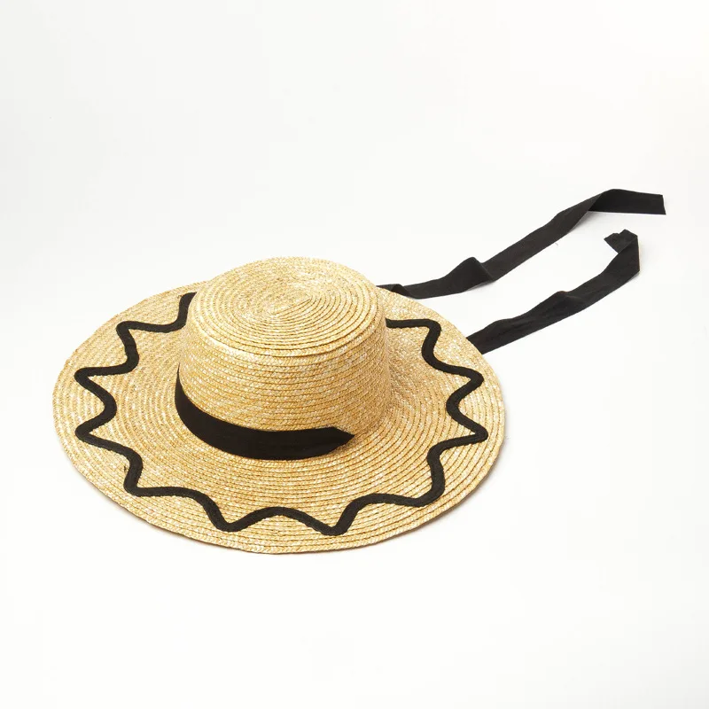 X316 Wide Brim Strap Straw Sun Hat Flat Cap Travel Shade Beach Straw Hat Adult Panama Hat Lady Summer Can Adult Jazz Cap