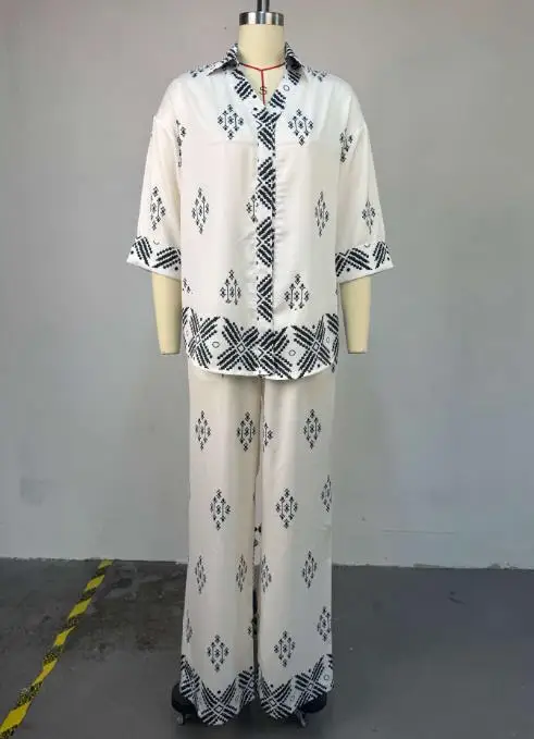

Summer Fashion Lapel Loose 2-Piece Set Lapel Geometric Print Long Sleeved Shirt Top and High Waisted Straight Leg Pants Set