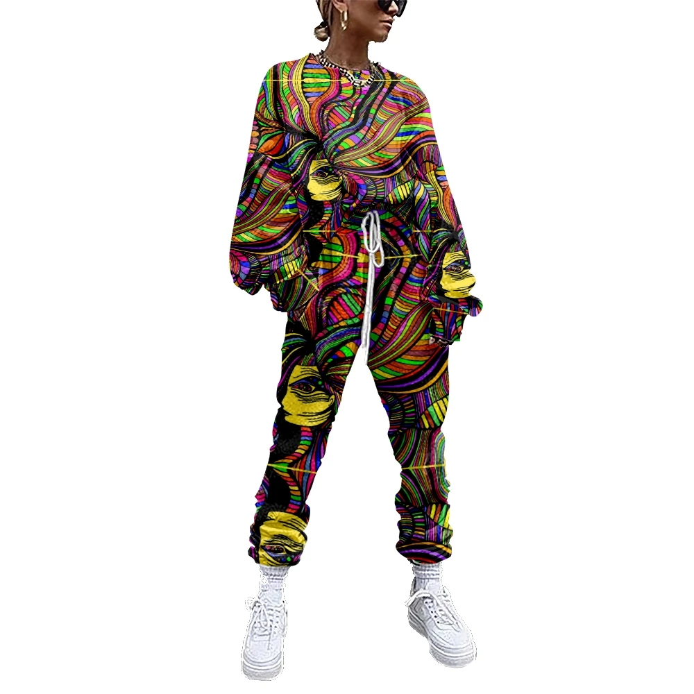 

Women Tracksuit 2 Piece Outfit Sweatshirt+Straight Sweatpants Matching Set Abstract Art Pattern Fitness Sporty Streetwear 2