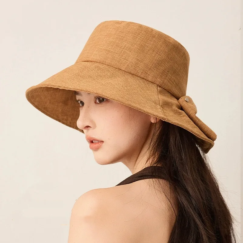 Japanese Style Cotton Linen Sun Hat for Women Solid Color Back Split Bow Bucket Hat UV Protection Sun Hat