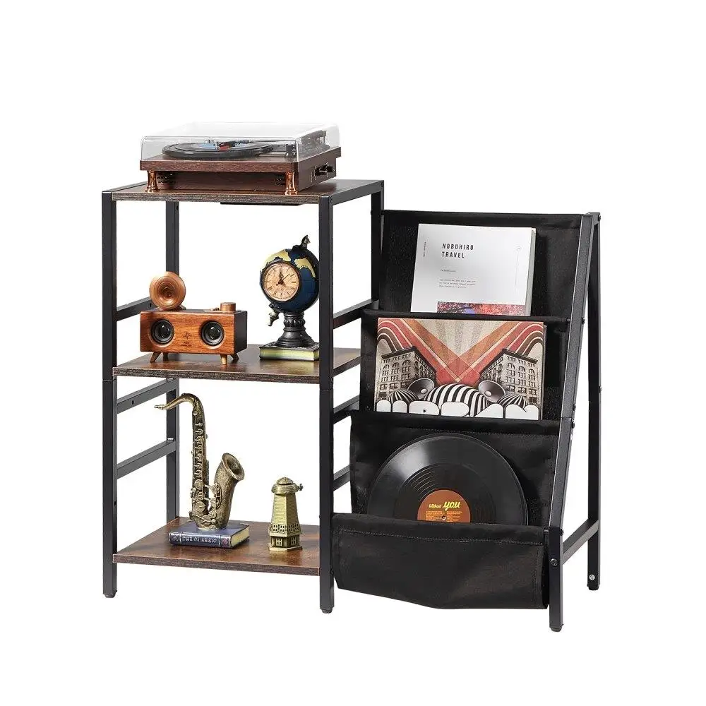 

3 Tier Record Player with LED Light & USB Charging Ports Stylish Metal Vinyl Shelf in Black