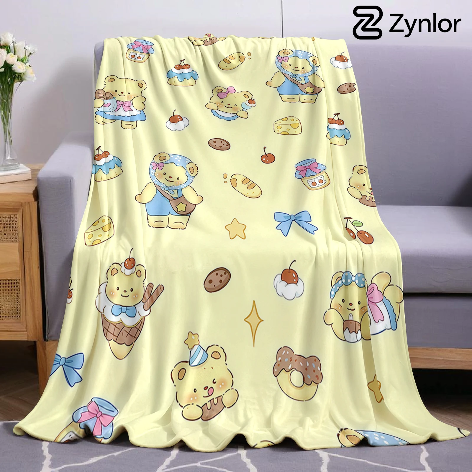 Butter Bear Dessert Cartoon Anime Print Flannel Blanket Soft Warm Throw for Kids Bedroom Sofa Bed Christmas Office Car