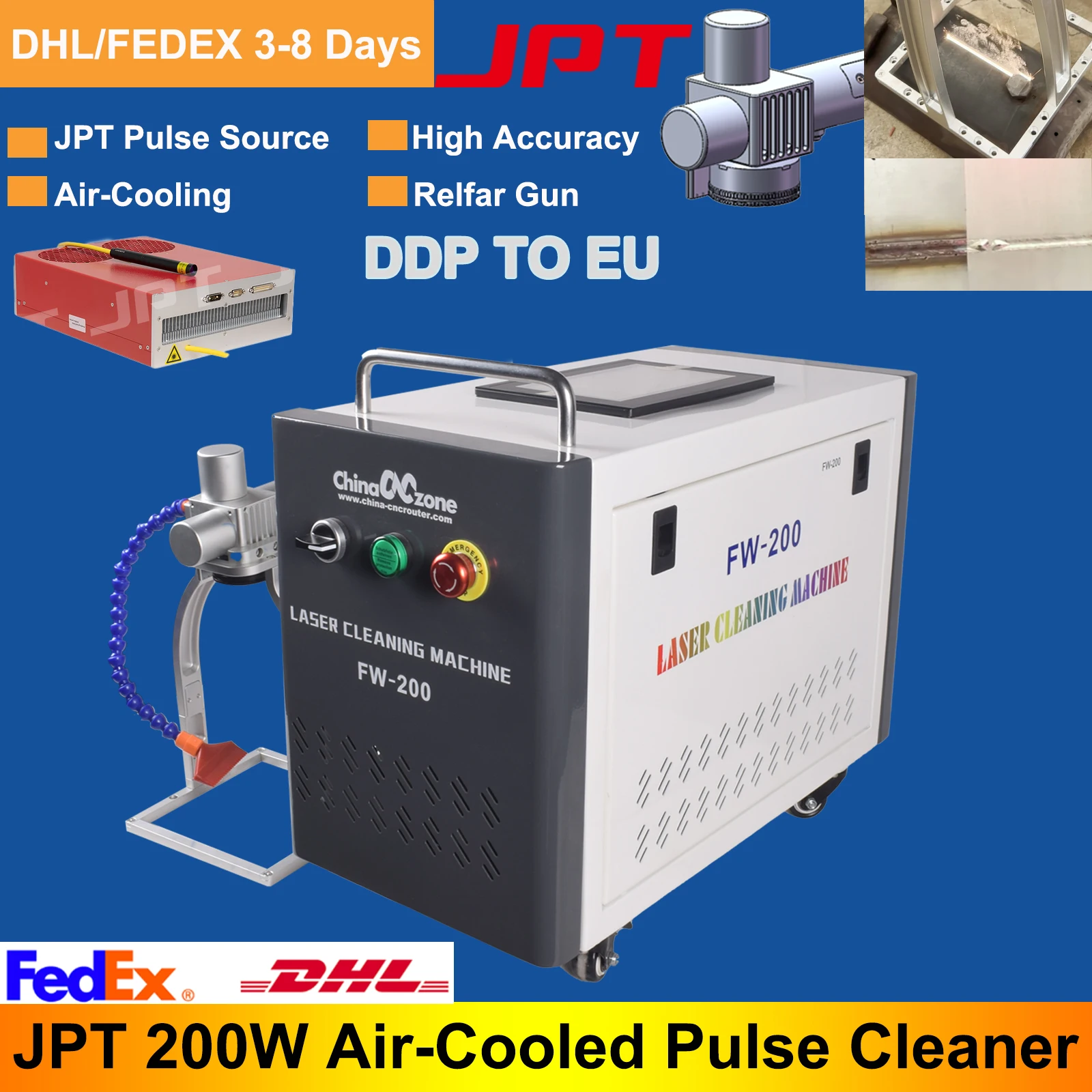 JPT 200W Pulse Laser Cleaner Industrial Mold Rust Removal Cleaning Oil Paint for Metal Rubber Furniture F210(125x125MM)DDP TO EU