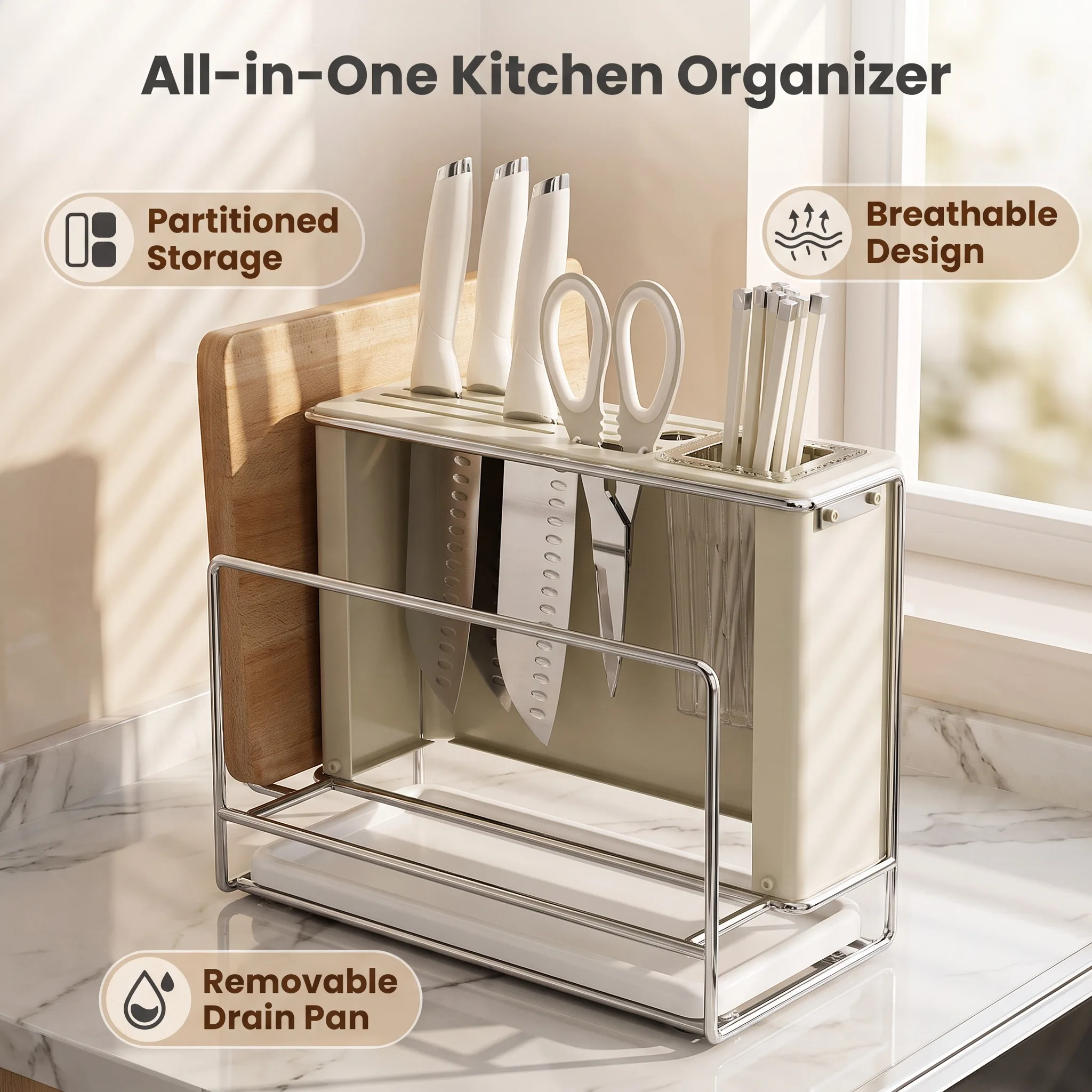 Multifunctional Kitchen Knife Rack with Detachable Drip Tray, Countertop Utensil Holder for Cutlery Cutting Board Pot Lid