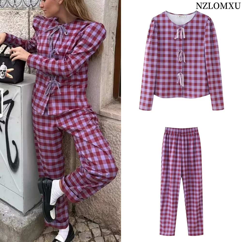 Women Plaid Bow Shirt Trousers Suit Loose O-neck Long Sleeve Shirts Female 2024 Spring Fashion High Waist Two Piece Sets