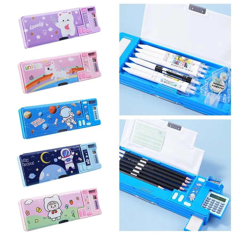 Double Layer Pencil Case With Calculator Pencil Sharpener Stationery Storage Box Astronaut/Animal Design Plastic Pencil Box