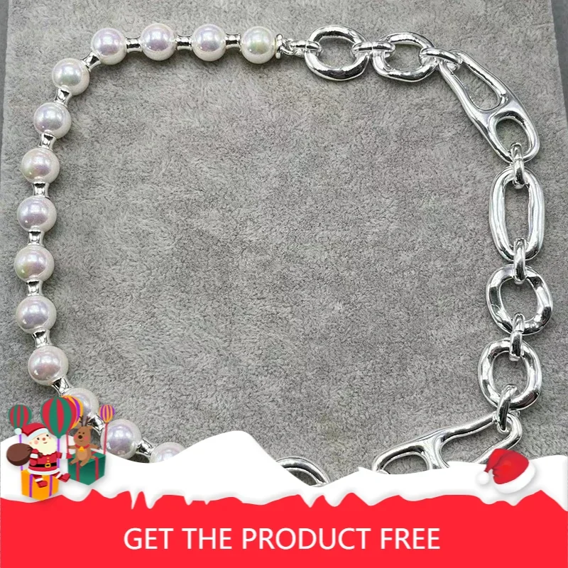 

HOT European and American elegant personalized silver chain pearl patchwork necklace women's jewelry