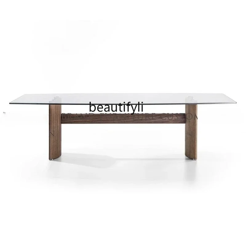 

A90 Black walnut half moon tea table, Italian transparent glass dining table