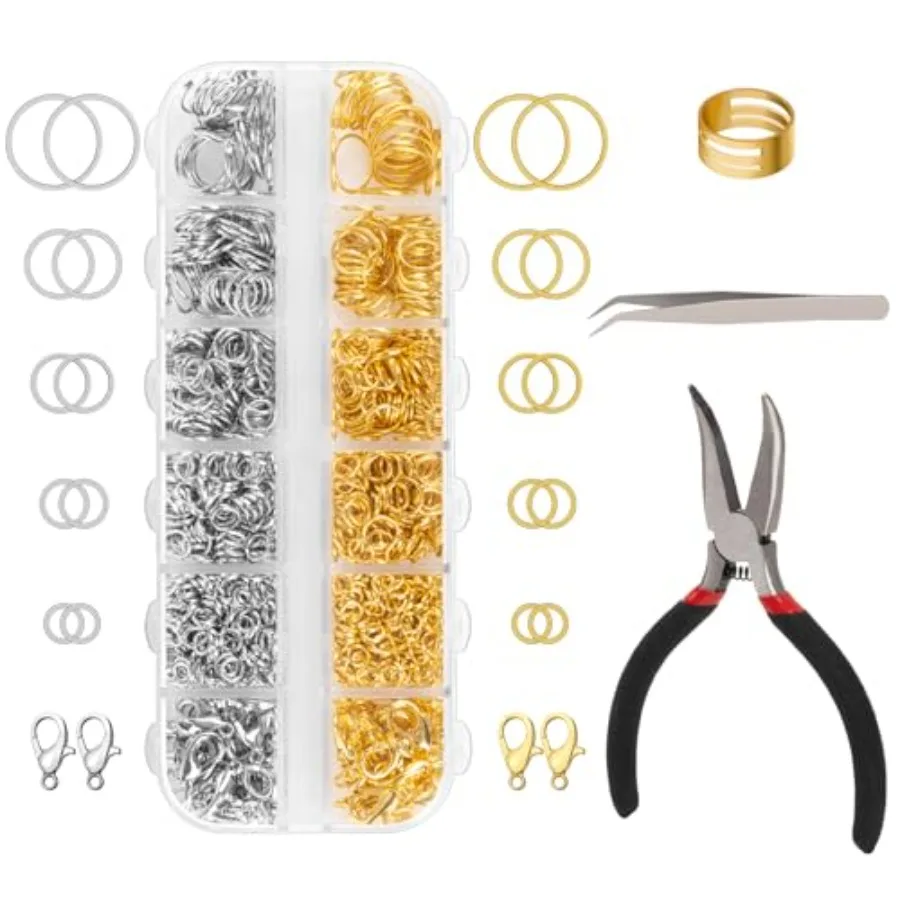 1200 Pcs Jump Rings for Jewelry Making Supplies, Necklace Repair Kit with Open/Close Tools, Pliers, Tweezers, Lobster Clasps, J