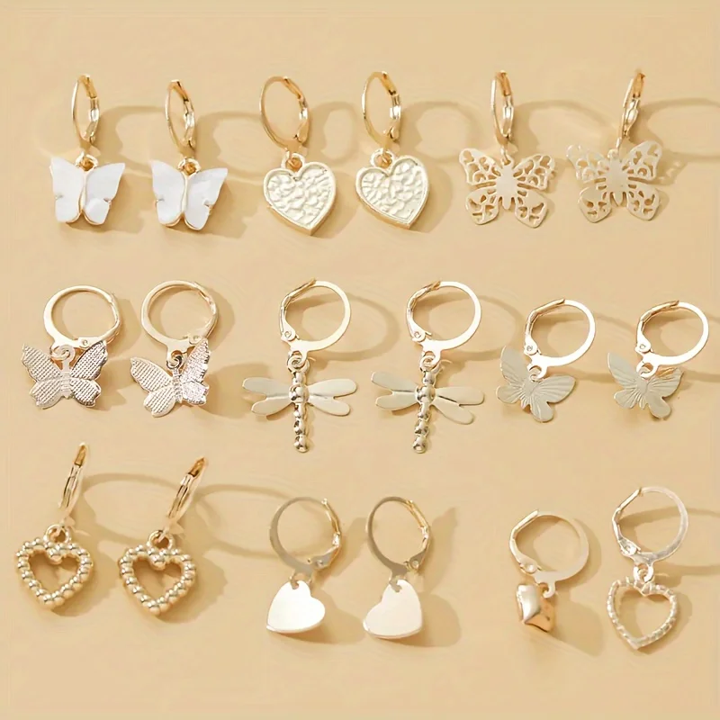 9 Pairs/ Set Exquisite Butterfly Heart Dragonfly Design Dangle Earrings Simple Vacation Style Delicate Holiday Earrings