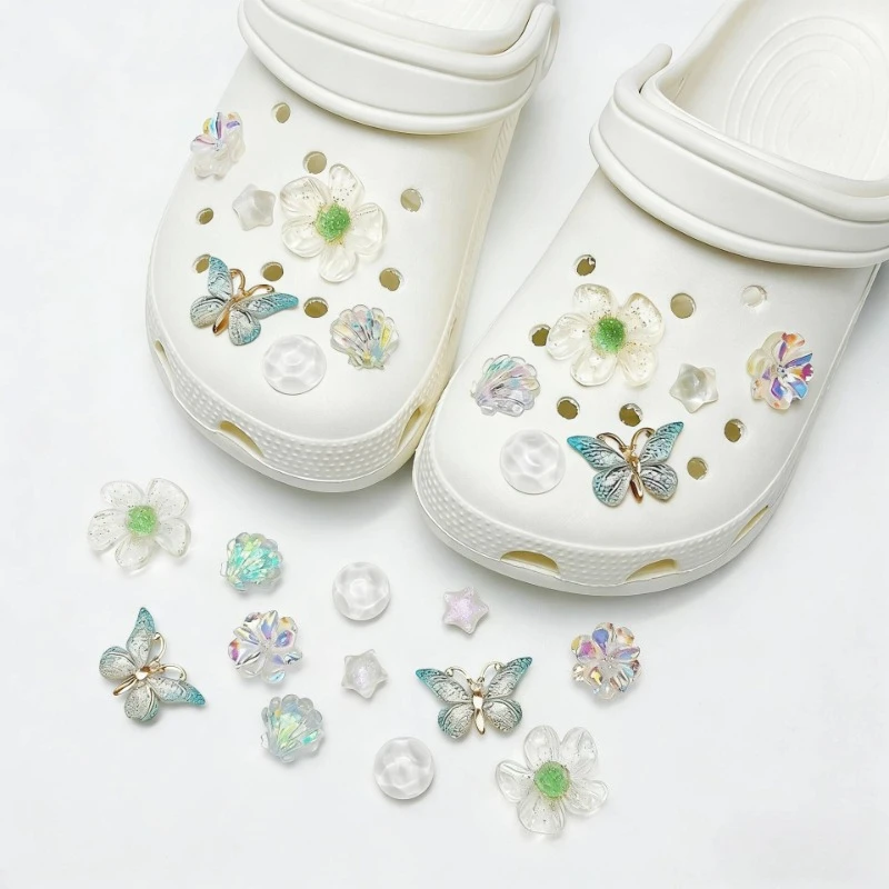 12pcs Transparent Blue Butterfly Garden Shoe Accessories DIY Cute Style Women's Beach Shoes Decorative Buckle Flower