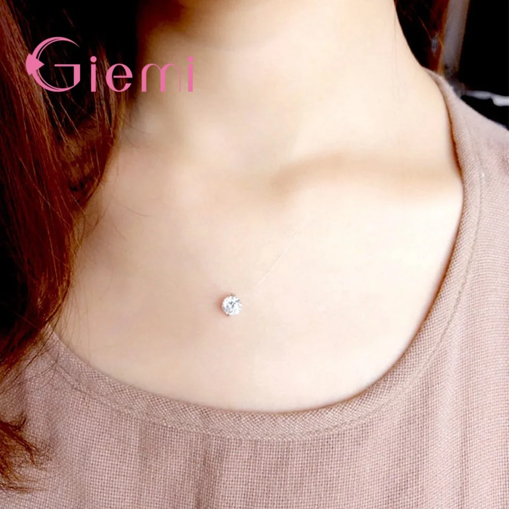 Single Sparkling Zircons Necklace Pendant  Invisible Fishing Lines 925 Sterling Silver Jewelry  Summer New Arrivals
