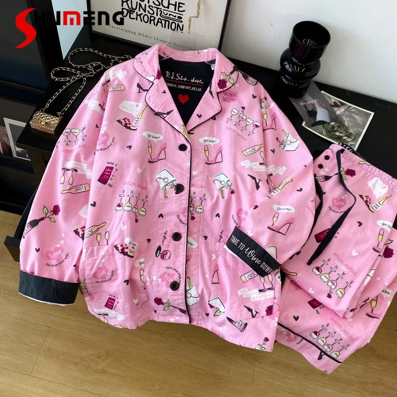 

Luxury Pure Cotton Brushed Homewear Set Women's Printed Cute Pink Long Sleeve Pajamas Female Spring Autumn Christmas Sleep Suit