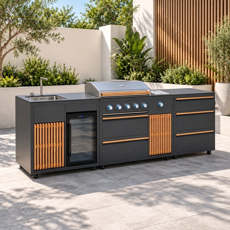 Custom L-Shaped 304 Stainless Steel Outdoor Cooking Kitchen With Gas Barbecue Grill for Camping