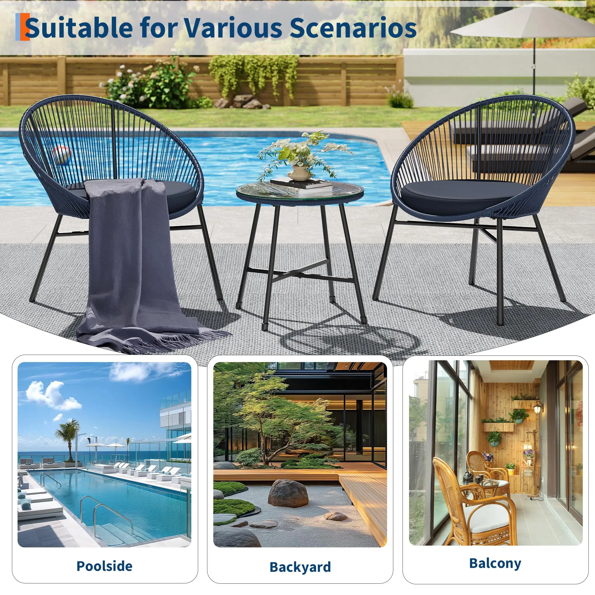 3 Pieces Outdoor Acapulco Chair Patio Bistro Set, All-Weather Acapulco Chairs with Glass Top Table, Modern Patio Conversation