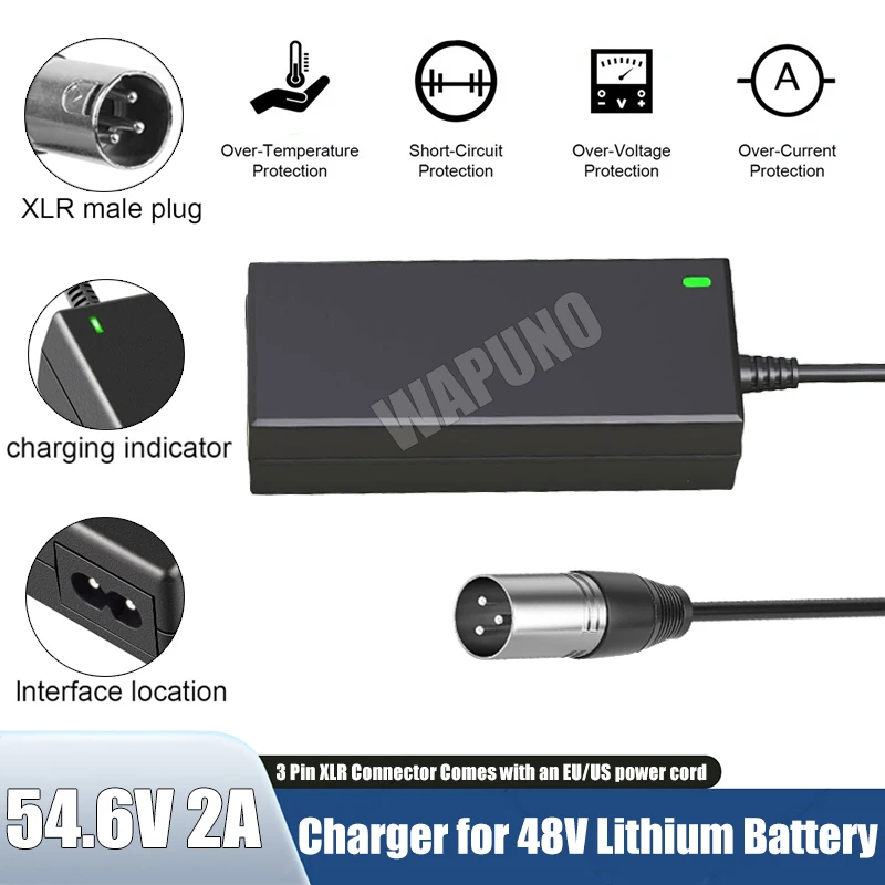 Carregador de Bateria 54.6V 2A 3 Pinos XLR para Cadeira de Rodas Elétrica 48V, Scooter de Mobilidade, E-Bike, Carregador de Bateria de Lítio com Plugue EU/US