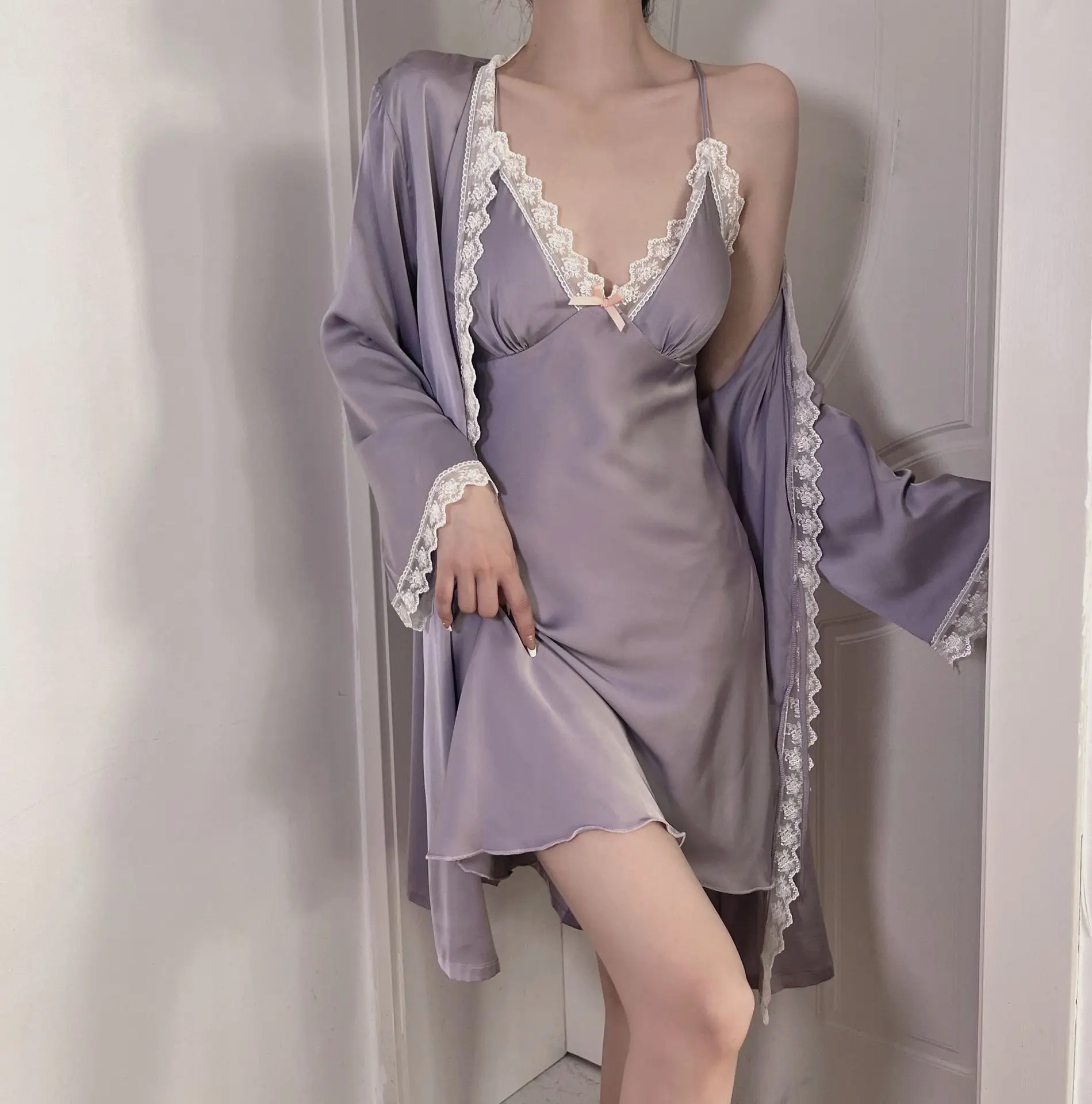 Lace Patchwork Bride Bridesmaid Wedding Robe Women Satin Bathrobe Homewear Soft Sleepwear Sexy Kimono Gown Intimate Lingerie