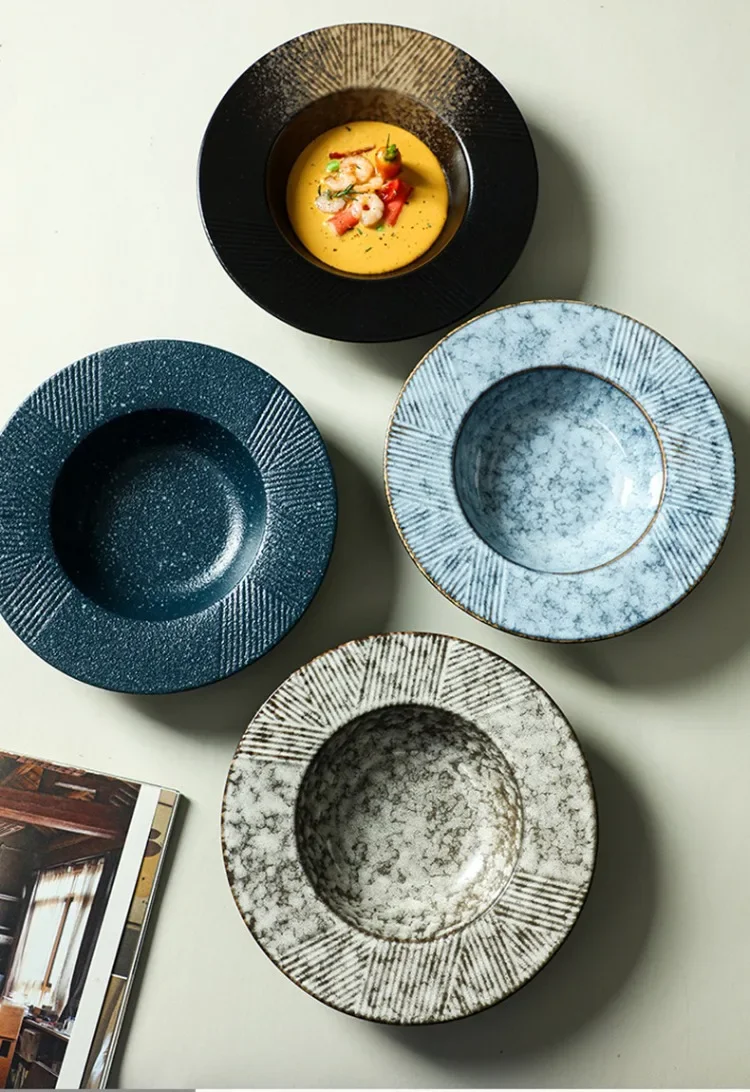 AhunderJiaz Vintage Twill Straw Hat Izakaya Dish Multi Purpose Soup Plate Advanced Ceramic Plate Set Home Kitchen Dinner Plates