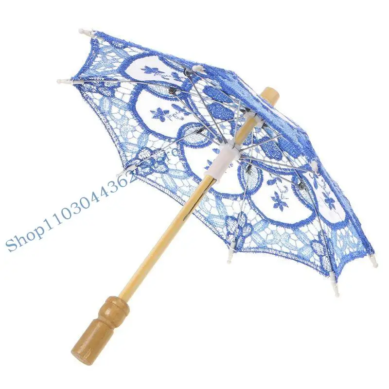 

A3PA 15cm Wooden Handle Embroidered Lace Parasol Photography Lace Sunshade 5 Colors