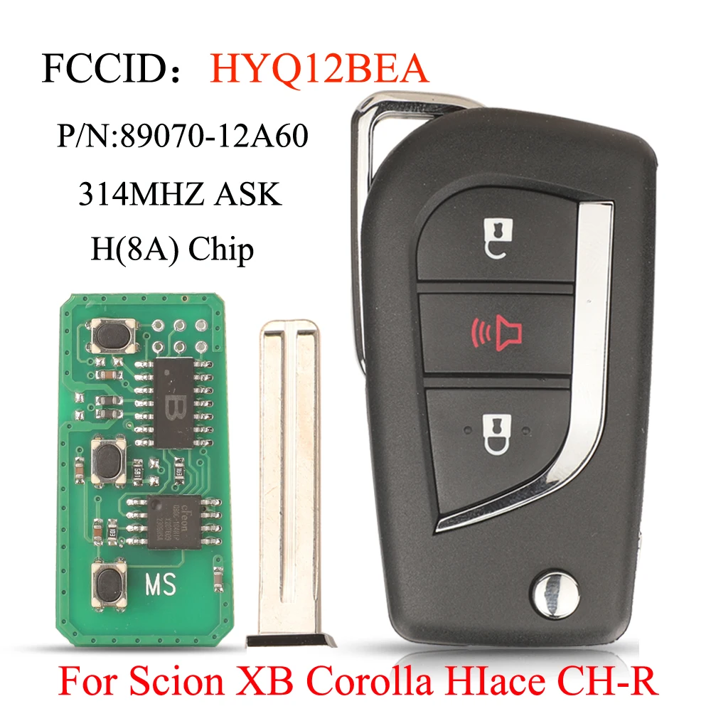 

Jingyuqin Remote Car Key HYQ12BEA 314MHz ASK 8A/H Chip Flip For Toyota Corolla HIace CH-R Scion XB PN: 89070-12A60