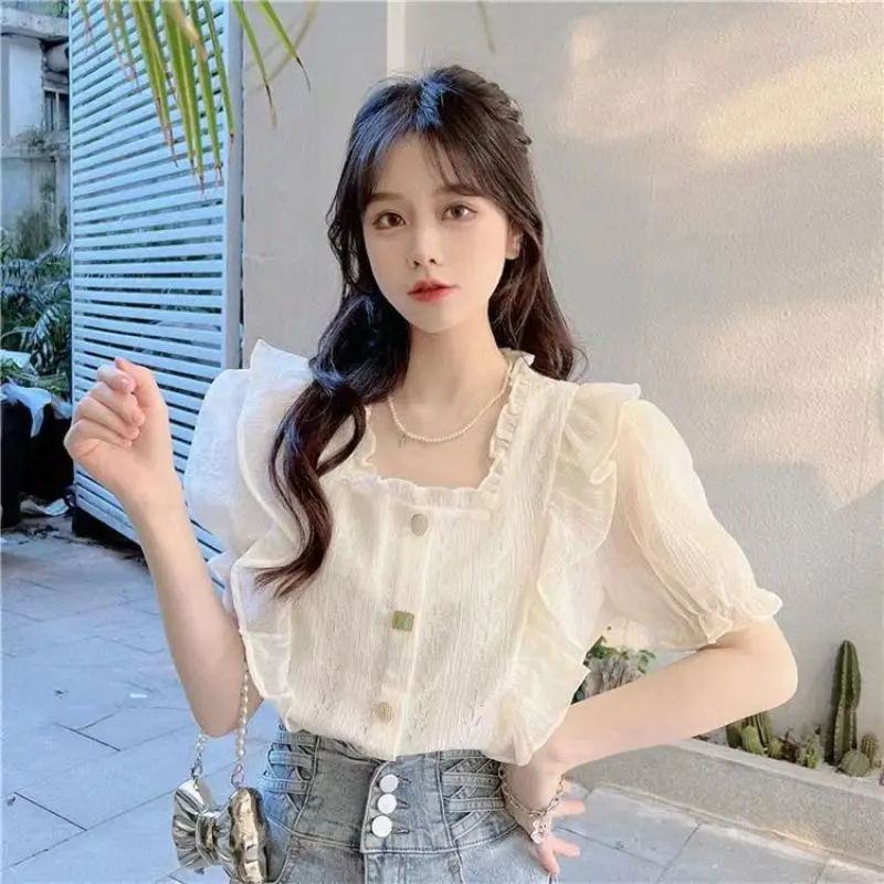 Women Summer Casual Fashion Slim Ruffles Sweet Square Collar Short Sleeve Shirts Women Clothes Casual All-match Appear Thin Tops