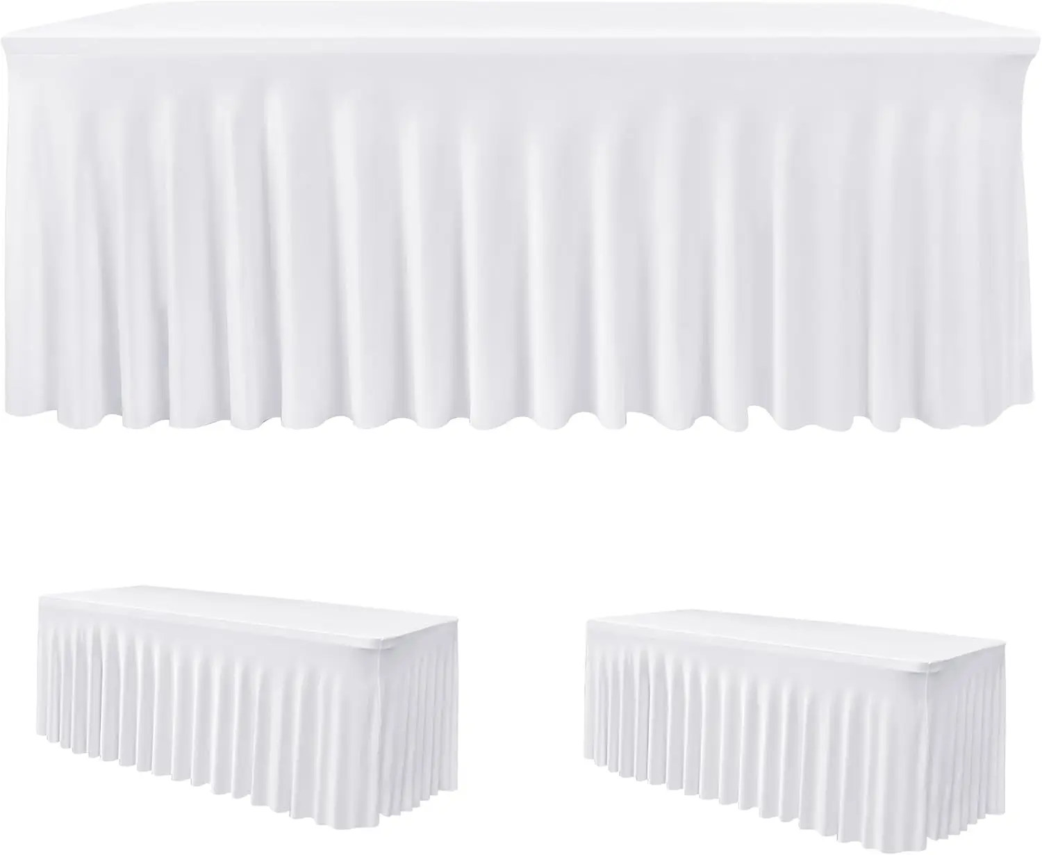 

White 8ft Spandex Tablecloth 2 Pack Fitted Stretch Table Skirts 30x96 Inch, Wrinkle-Free Floor Length Polyester Table Cover for