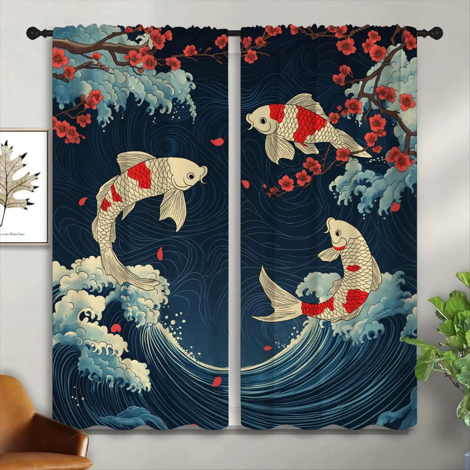 Koi Fish Blackout Curtains for Boys Girl Bedroom Home Decor, Japanese Wave Cherry Blossom Asian Style Thermal Insulated Rod