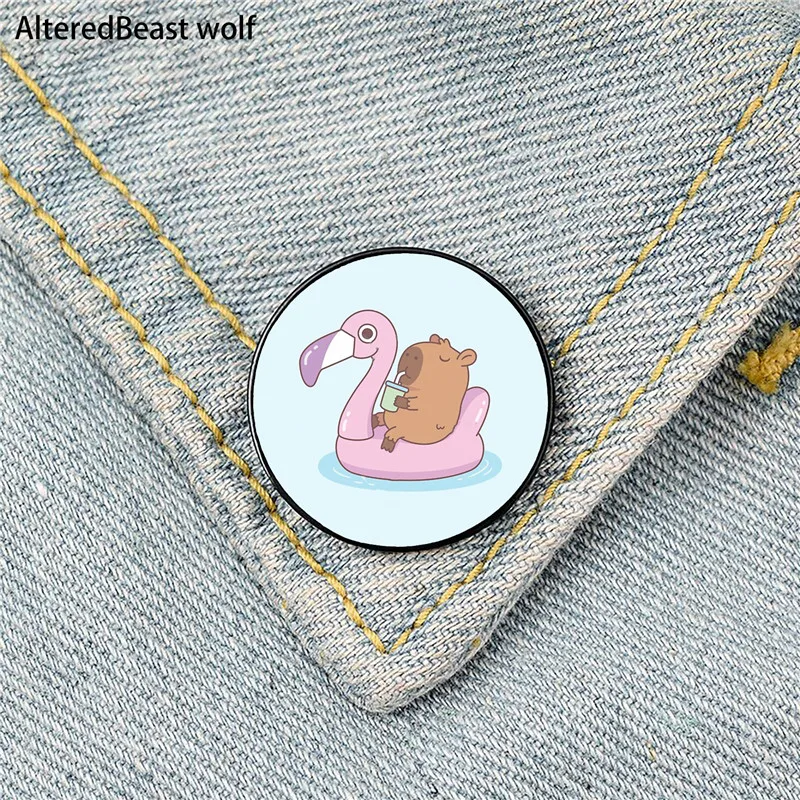 Cute Capybara Flamingo Printed Pin Custom Funny Brooches Shirt Lapel Bag Cute Badge Cartoon enamel pins for Lover Girl Friends