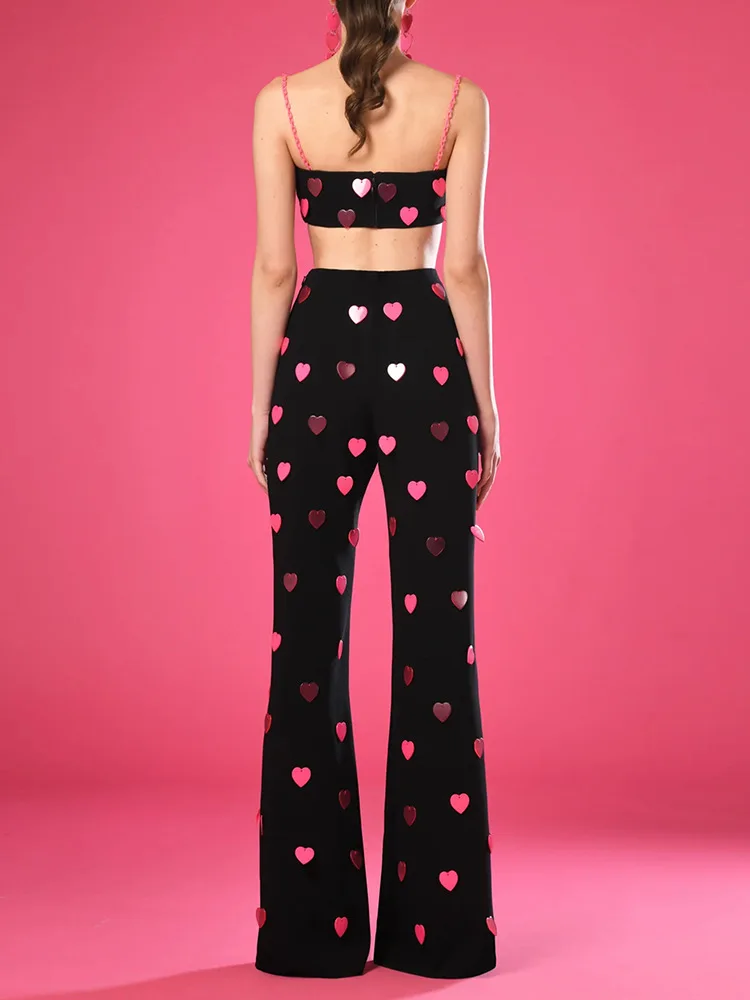 HIGH QUALITY New Fashion 2025 Designer Blazer Suit Set Women's Heart Shaped Sequin Camis Tank Tops Pants Suit 2pcs Set