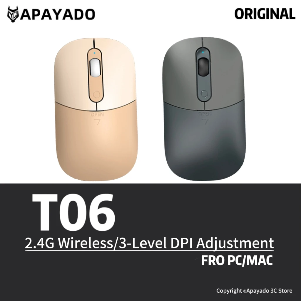 Mouse Silencioso Sem Fio com Receptor USB 2.4G, APAYADO T06, DPI Ajustável, Design Ergonômico, Conexão Sem Fio para Jogos