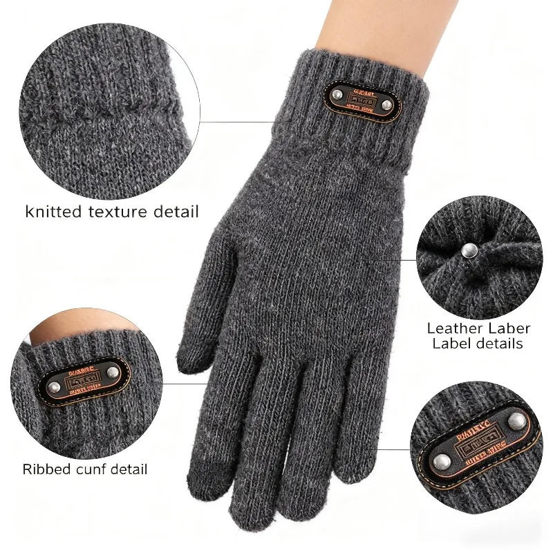 Men's Gray Knitted Full-Finger Gloves - Warm Classic Outdoor Winter Gloves Fashion Cold Weather Male Accessory