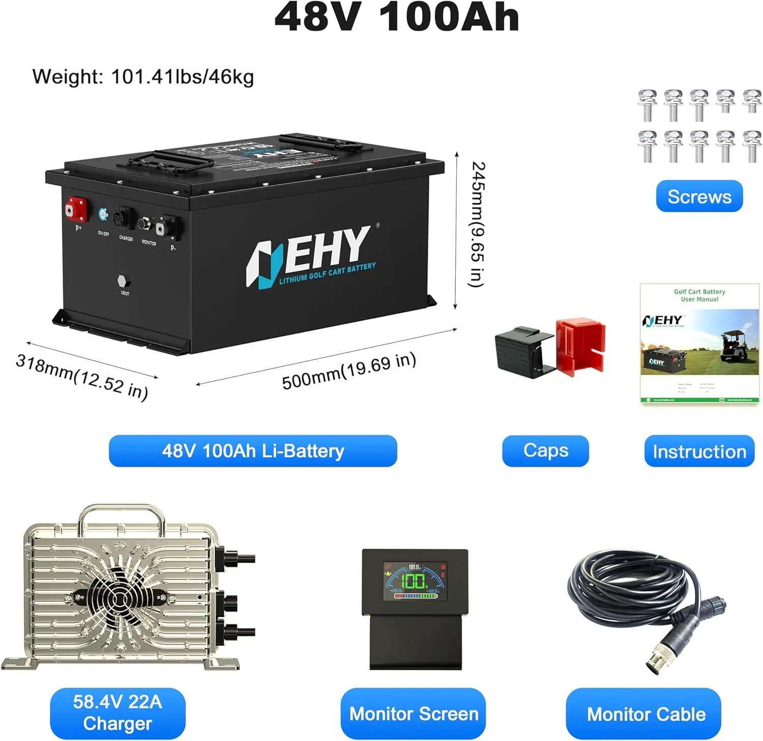 36V 105Ah, 200A BMS, Max 7.68kW, 8000+ deep cycle LiFePO4, touch monitor, mobile app and 43.8V 25A Smart Fast Charger Kit