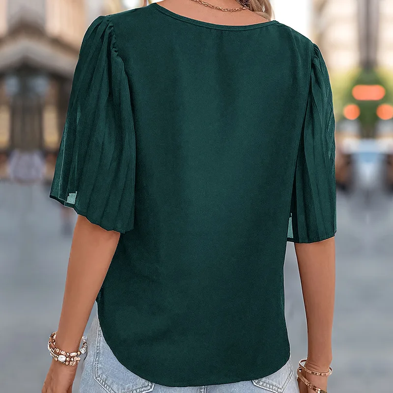 2025 Summer Women's Shirt Solid Color Pleated V-neck Fashion Casual Comfortable Short-sleeved Black T-shirt