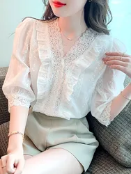 Summer New Lace V-Neck White Blouse Shirt Short Sleeve Blouse Women Blusas Mujer De Moda 2024 Verano Women Tops Blouses G471