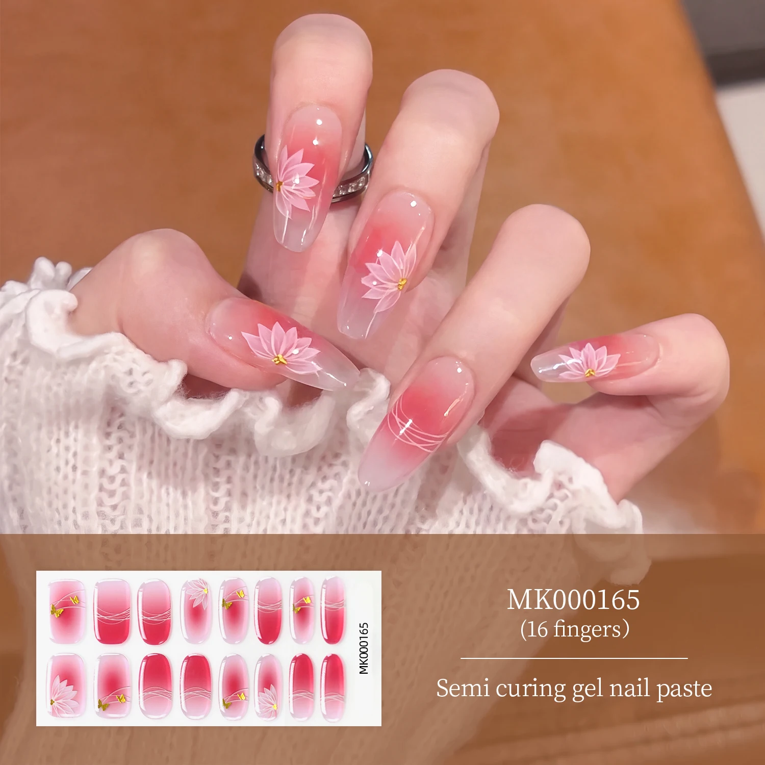 16Tips Pink Gradient Baking-Free Gel Nail Stickers White Flower Line Gold Butterfly Nails Decal Self Adhesive Full Manicure Wrap