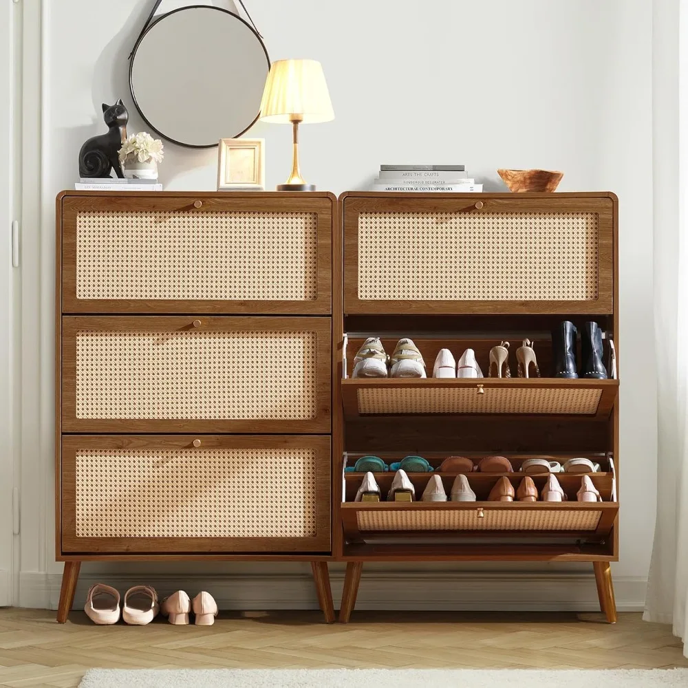 Rattan Shoe Cabinet with 3 Flip Drawers Set of 2, 48 Pairs Shoe Storage Cabinet for Entryway Freestanding Hidden Shoe Rack