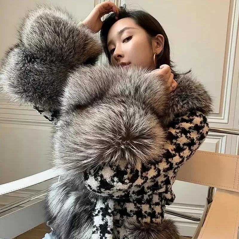 Fox Fur Grass Coat Women Short Thousand Bird Grid Double Faced Fleece Collar 2024 Small Fragrant Style Imitation Fur Coat Female