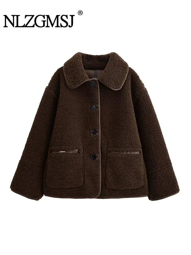 

NLZGMSJ женская модная меховая куртка 2025, зимняя мода, однотонное пальто на пуговицах с лацканами, женское шикарное двустороннее свободное пальто для отдыха